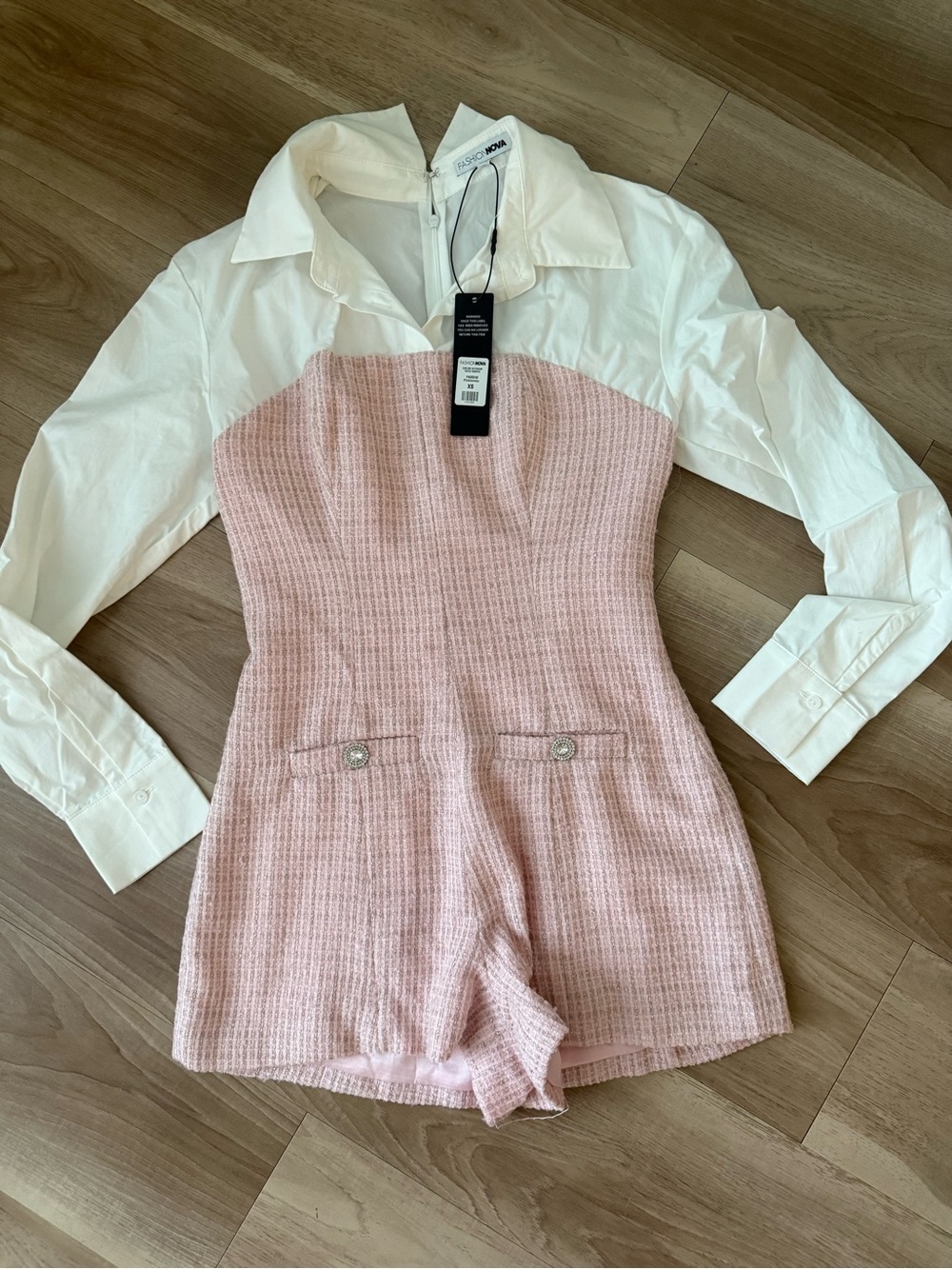 Women’s Pink Tweed Romper with White Collar Shirt